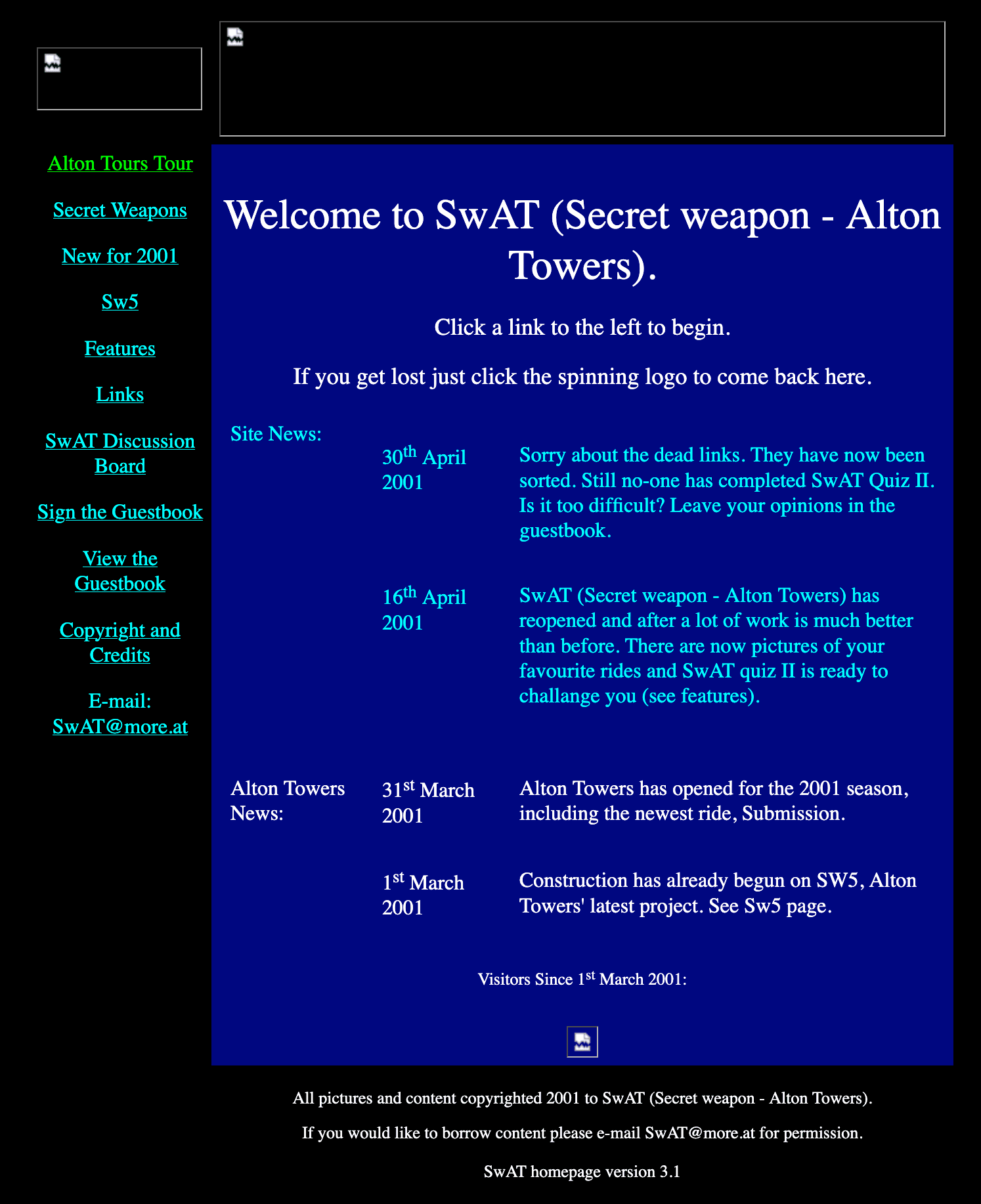 A screenshot from my Secret Weapon Alton Towers website from Archive.org - frames edition