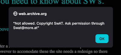 A modal dialog which reads "Not allowed. Copyright SwAT. Ask permission through Swat@more.at"