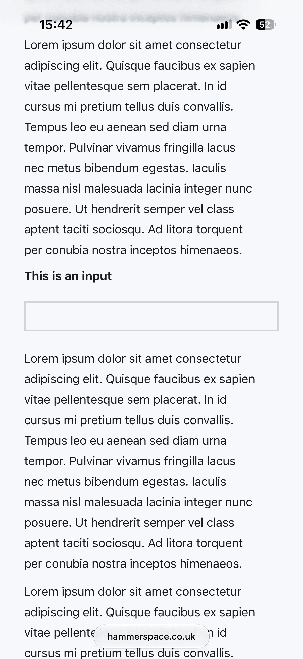 A screenshot of iOS Safari showing Lorem Ipsum text and a text input in the middle