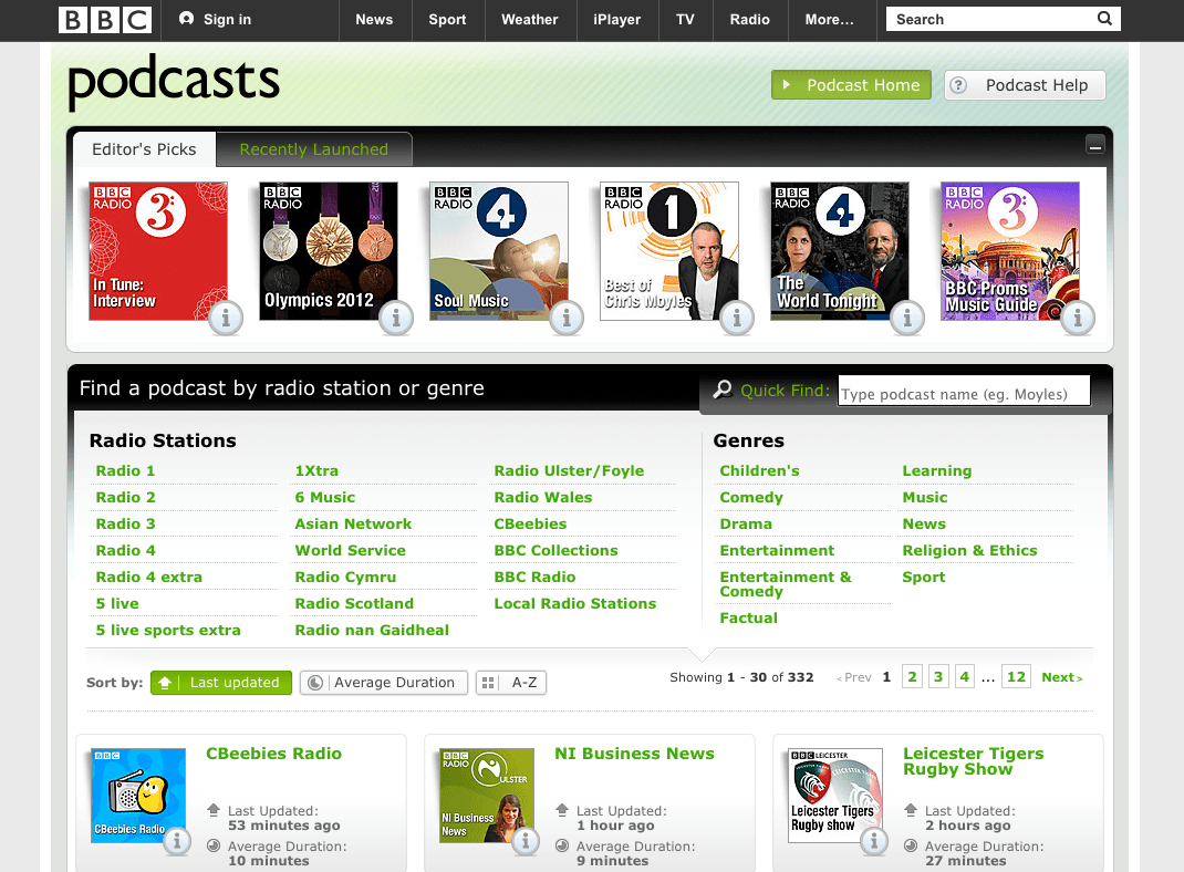 A screenshot of the BBC Podcasts website, showing cover art for 6 editor’s picks, and then a navigation by Radio Station name or genre. The theme is green.