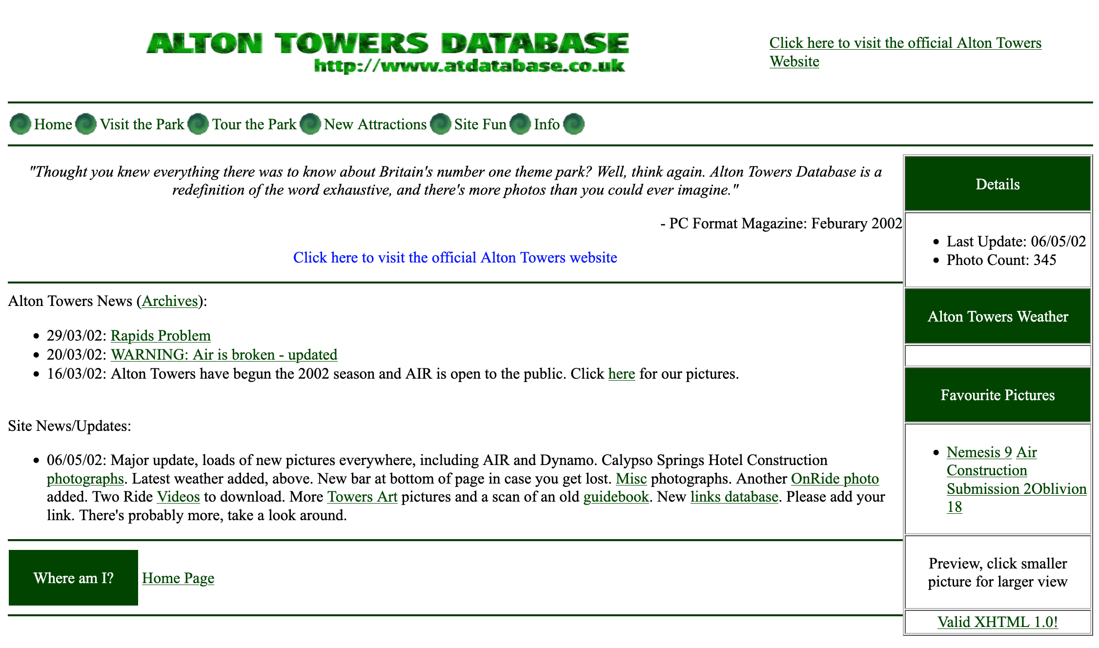 Screenshot of the Alton Towers Database homepage