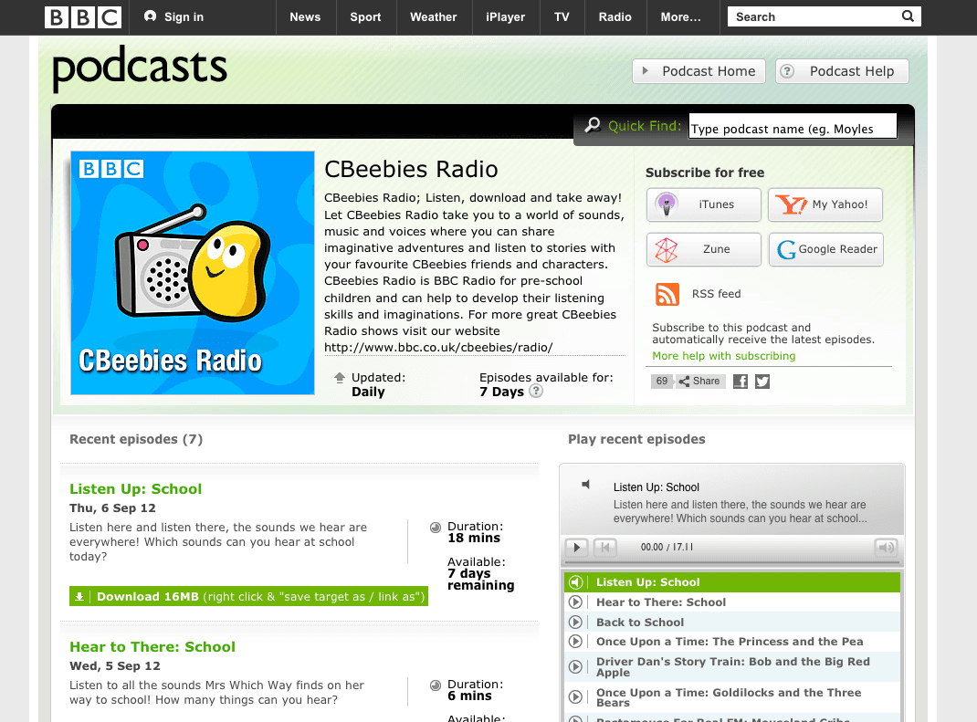 A screenshot of the BBC Podcasts website, showing the series page for "CBeebies Radio". The cover art is shown, as well as the show description and options on how to subscribe. Below, there is a list of recent episodes and an audio player