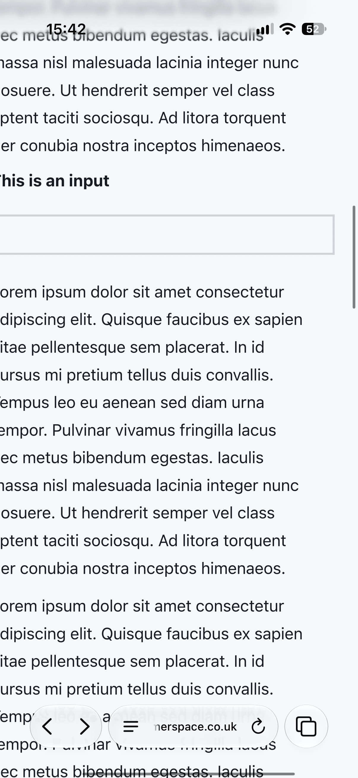 A screenshot of iOS Safari showing Lorem Ipsum text cut off due to horizontal scrolling