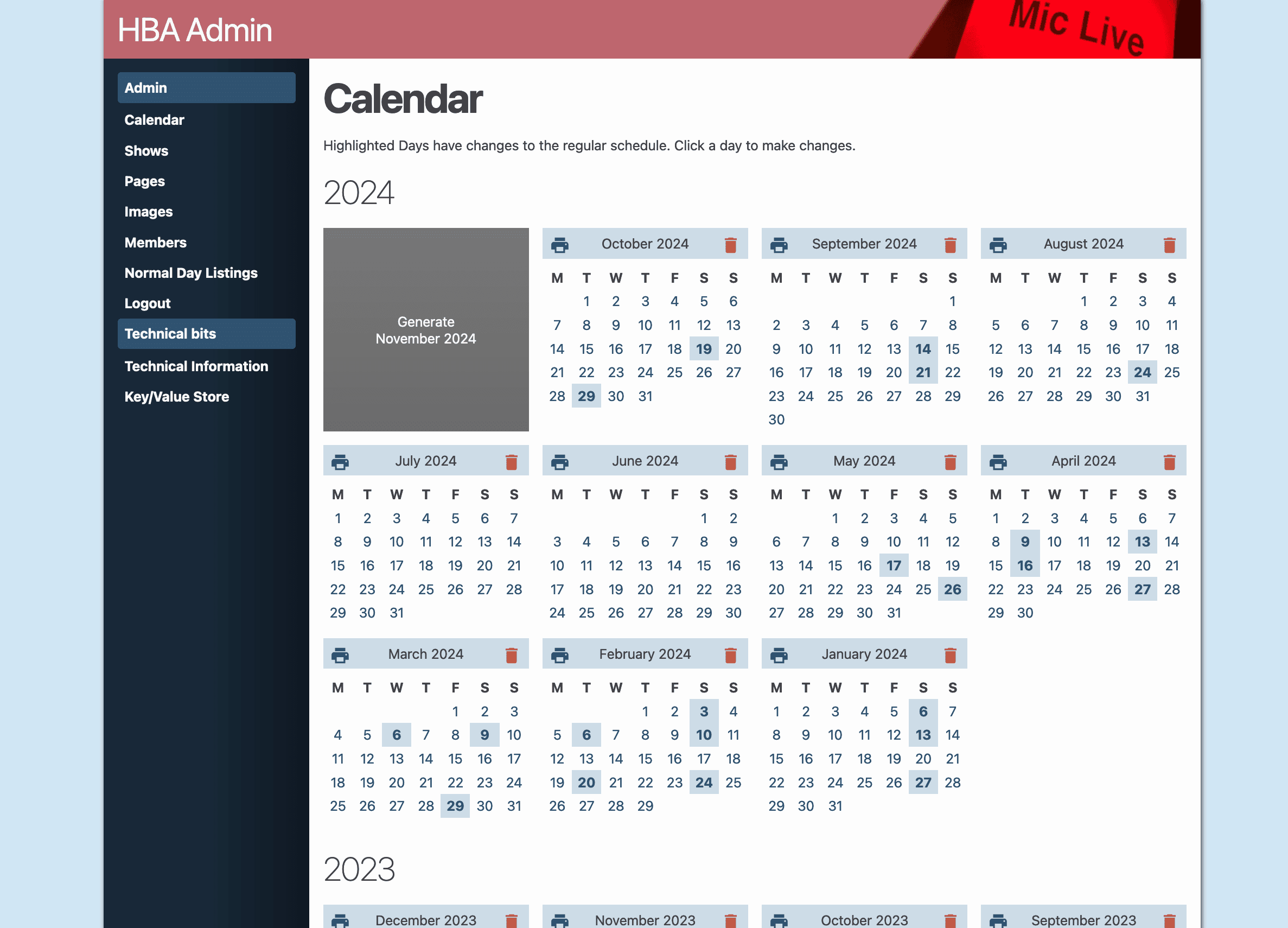 Southampton Hospital Radio CMS showing a calendar